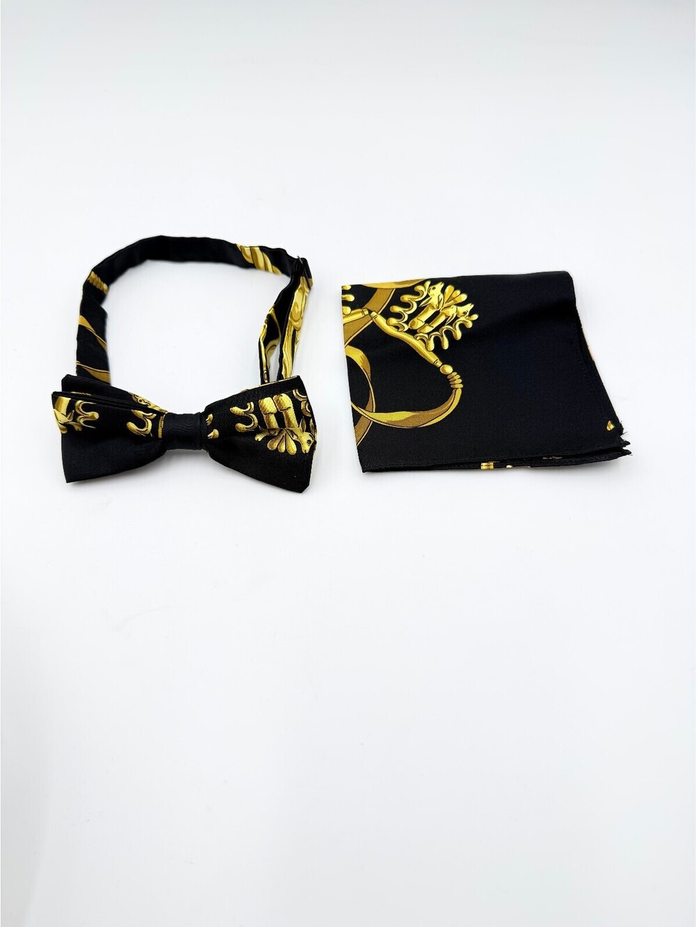 Hermes Paris Vintage Silk Bow Tie and Pocket Square Set Black Gold Equestrian